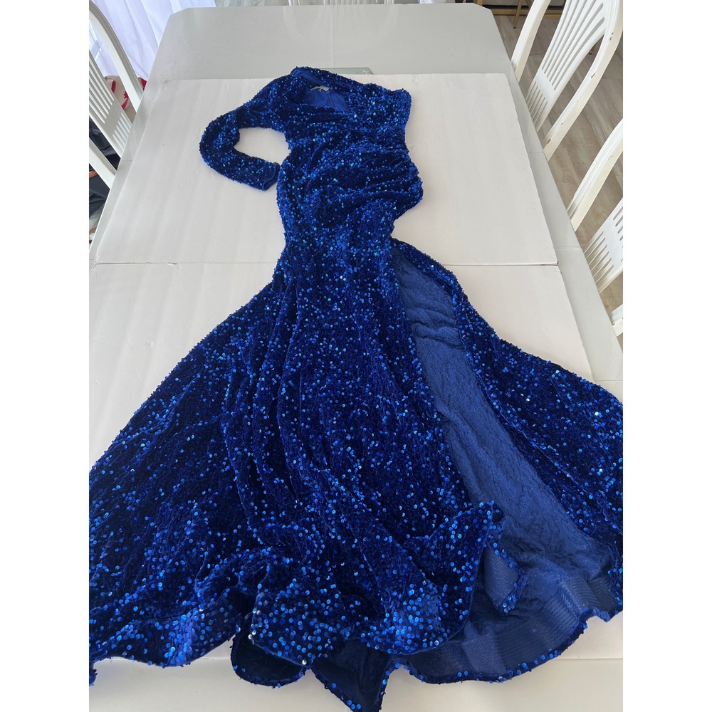 Fashion Nova Royal Blue Sequin One Shoulder Long Sleeve Maxi Dress Gown Medium